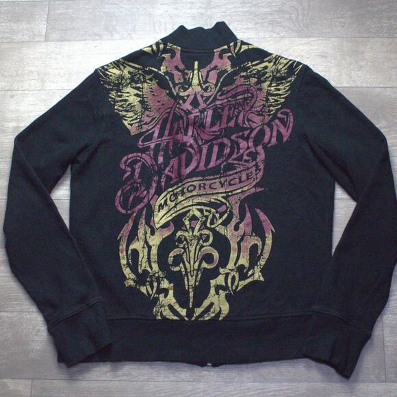 Vtg Harley-Davidson Women Sweatshirt L Black Wings Logo Graphic Full Zip Heart - Picture 5 of 6